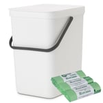Brabantia Sort & Go Kitchen Waste/Recycling Bin –25L– White & 30 x 30L Bags