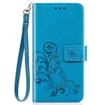 Huawei Honor 9A Phone Case, Shockproof Flip Lucky Clover New PU Leather Wallet Cover with Soft TPU Bumper Card Holder Stand Wrist Strap Folio Magnetic Protective Case for Huawei Honor 9A, Blue