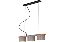 Briloner Leuchten - Hanging Light, Suspended lamp, Retro, Vintage, Height-Adjustable, 3 x E14, up to 25 watts, Metal and Wood inc. Grey Fabric Shade, 650 x 150 x 1360 mm (L x W x H)