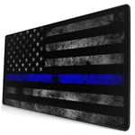 Thin Blue LINE Flag Extended Large Gaming Mouse Pad with Stitched Edges Waterproof Non-Slip Rubber Base Computer Keyboard Mousemat for Laptops Computers PCs
