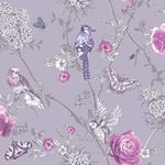 Arthouse Lilac Wallpaper - Birds, Butterflies & Flowered Branches - Paradise Garden - Shimmery Background - Metallic Effects - Living Spaces & Feature Walls, 53 cm x 10.05 m Roll - 692404