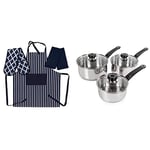 Morphy Richards Saucepans Sets With Lids, Stay Cool Handles, Stainless Steel Pan Set, 3 Piece with Penguin Home Apron, Double Oven Glove and 2 Kitchen Tea Towels Set - NAVY/White