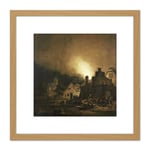 Colonia Fire By Night In A Village Painting 8X8 Inch Square Wooden Framed Wall Art Print Picture with Mount