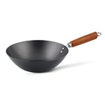 Ken Hom Carbon Steel Wok, 27cm, Classic, Non-Induction/Wooden Handle/Flat Base Pan, Includes 1 x Chinese Wok Pan, KH327001