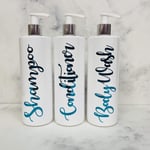 Print Maniacs 3 Set Mrs Hinch Inspired White Personalised Dispenser Pump Bottles Shampoo Conditioner Body Wash (Teal)