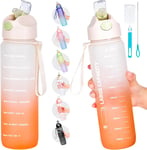 Water Bottle 1L, Sports Water Bottle with Straw & Time Maker, Drinks Bottle with