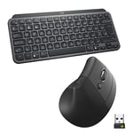 Logitech MX Keys Mini Keyboard and Lift Vertical Ergonomic Mouse Combo - Wireless, Backlit Keys, Bluetooth or Logi Bolt USB receiver, Quiet, Windows/macOS/iPadOS, Laptop, PC, QWERTY UK - Grey