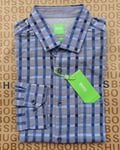 New Hugo BOSS mens blue long sleeve slim casual smart suit checked shirt LARGE L