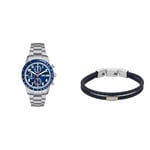 FOSSIL Men's Watch Sport Tourer Silver Stainless Steel and Bracelet Jewelry Blue Leather, Set