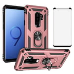 Phone Case for Samsung Galaxy S9 Plus with Tempered Glass Screen Protector Magnetic Rugged Stand Ring Accessories Protective Hard Shockproof Bumper Glaxay S9+ 9S 9plus S9plus S 9 Note Women Men Pink