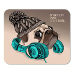 Mousepad Computer Notepad Office Beige Dog Portrait of Pug Puppy in Knitted Hipster Hat with Headphones on The Neck Home School Game Player Computer Worker Inch