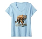Womens fierce mountain lion prowling, puma animal realistic cougar V-Neck T-Shirt