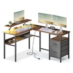 VASAGLE Bureau en L avec Multiprise, Bureau d’Angle, Bureau Informatique avec Rehausseur d’Écran, Bureau Gaming LED, 2 Tiroirs, 2 Ports USB, Facile à Monter, pour Bureau, Marron Rustique LWD095K01