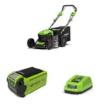 Greenworks Battery-Powered Lawnmower GD40LM46SP(Li-Ion 40V 46cm Cutting Width Up to 750m² 3-in-1 Mulching Self-Propelling 55L Bag Capacity 7 Adjustable Cutting Heights with 2x2Ah Batteries & Charger)