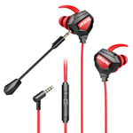 écouteurs de jeu filaires Strereo Dual Dynamic Noise Reduction écouteurs intra-auriculaires 3,5 mm Live Gamer Headset avec micro détachable pour ordinateur, PC, téléphone portable, noir et rouge