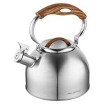 FLORINA JOE Bouilloire (2,5 l) I Acier Inoxydable I Bouilloire à Sifflet avec Poignée Soft-Touch I Imitation Bois I Adaptée pour Plaque à Induction, Gazinière, Plaque Électrique I Argent