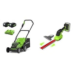 Greenworks Lwan Mower, 2x24V Mower 36 cm Cutting Width with 40L Grass Catcher and 5-Fold Central Cutting Height Adjustment up to 250 m²+Dual Slot Charger + 2-in-1 Shear-shrubber and Grass Trimmer
