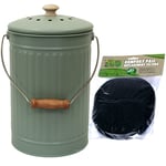 Sage Green– 7 Litre Metal Compost Caddy / Food Waste Bin & 1 Filter Pack
