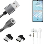 Magnetic charging cable + earphones for Huawei P30 Lite + USB type C a. Micro-US