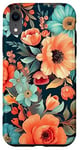 iPhone XR Orange, Coral, Navy Blue, Mint Green Floral Vintage Look Case