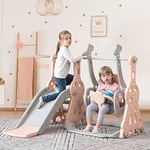 Merax Kids Slide Swing Set Climbing Frame | 4 in 1 Multifunctional Toddler Slide with Removable Basketball Hoop Ball Climb Stairs | Pink