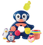 LUDI - Un grand pingouin pour jouer à l'heure du bain. Dès 12 mois. Fixations ventouses. Coffret de jeux d'eau : moulins, verres gigognes percés, coupelle et 3 petits pingouins - réf. 2240