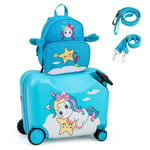 2PC Kids Ride-on Luggage Set 18” Carry-on Suitcase & 12” Backpack Anti-Loss Rope