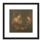 Schalcken Fire And Light Candle Coals Painting 8X8 Inch Square Wooden Framed Wall Art Print Picture with Mount