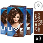 3x LIVE Urban Brown Permanent Hair Dye, Intense Colour 088