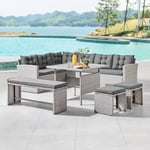 Rattan Corner Outdoor Dining Garden Furniture Set Sofa Table Bench & 2 Stools