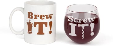 BigMouth The Brew It and Screw It Drinkware Set Glass & Mug Funny Gift Set Xmas