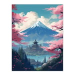 Japan Temple on Mount Fuji Lake Painting Green Blue Pink Cherry Blossom Trees Blooming in Tranquil Forest Landscape Unframed Wall Art Print Poster Hom