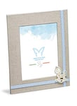 Mareli, Cadre photo de table pour enfant 20 x 23,5 cm en tissu lin avec décorations bleu ciel, structure arrière en bois, dimensions de la photo 13 x 18 cm. Idée cadeau.