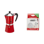 Bialetti 4963 Cafetière Italienne, Aluminium, Rouge, 6 Tasses & Ricambi, Includes 3 Gaskets and 1 Plate, Compatible with Moka Express, Fiammetta, Break, Happy, DAMA, Moka Timer and Rainbow BIA640308