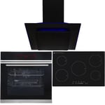 SIA BISO12PSS 60cm Black Touch Control Pyrolytic Single Oven, 75cm 5 Zone Induction Hob & Angled Glass Cooker Hood With 3 Colour LED Mood Lighting
