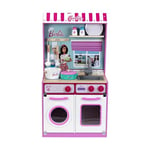 Barbie Cuisine en bois avec maison de poupée intégrée 2 en 1 I Cuisine jouet avec table de cuisson, lave-linge et accessoires I Dimensions : 45 cm x 40 cm x 85 cm I Jouet pour enfants à partir de 3 ans