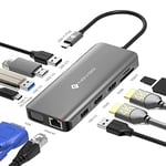 NOVOO Hub USB C avec 2 HDMI 4K, Station d'accueil 11 Ports de Type C pour Ordinateur Portable, RJ45 Gigabit Ethernet, 2 USB 3.0, 2 USB 2.0, VGA, Type C 100W PD, Cartes SD/TF pour MacBook Pro