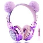 Kids Headphones with Microphone, 85dB Bear Ear Girls Headphones for Children/School (purple)