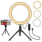 AJH 10 Inches Ring Light with Tripod Stand & Phone Holder for Live Streaming Video Dimmable Desk Makeup Ring Light for Photography Shooting with 3 Light Modes 10 Brightness Level
