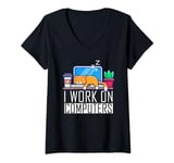 Womens I Work On Computers Funny Cat Lovers Coding Programming V-Neck T-Shirt