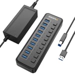 iDsonix Powered USB 3.0 Hub, 10-Port USB Splitter with Individual On/Off Switches and 12V/4A Power Adapter, USB Hub for Laptop, iMac, Surface Pro, PC, Mobile HDD, Flash Drive, and more - Black