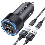 YEONPHOM Car Charger Compatible for iPhone 12 Pro Max/Mini/11 Pro Max/XS Max/XR/X/8/7 Plus/7/6S/6/5S/5C/SE/5,2.4A [All Metal] Dual Fast USB Car Phone Charger Adapter with 2x1M Charging Cable