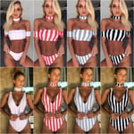 Off Shoulder Swimsuit Striped Printed One Piece Red S(two Piece)