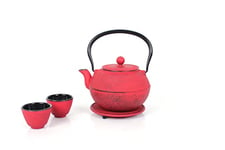 ECHTWERK Service à thé en fonte, théière 1,1 L avec passoire amovible, théière avec soucoupe, set de théières au design vintage pour la préparation de thé en vrac, rouge