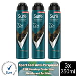 Sure Men Anti-perspirant 72H Nonstop Protection Sport Cool Deodorant, 3x250ml