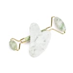 Gua Sha Set: Bågformad grön vit Jade roller med Gua Sha sten