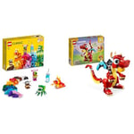 LEGO Classic Creative Monsters, Construction Playset with 5 Mini Build Monster Toys & Creator 3in1 Red Dragon Toy to Fish Figure to Phoenix Bird Model, Animal Figures Set