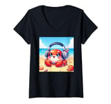 Womens Kawaii Crab Headphones: The Crab's Rhythm V-Neck T-Shirt