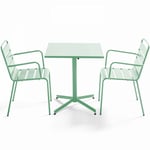 Oviala - Ensemble table de jardin carrée et 2 fauteuils métal vert sauge - Palavas - Vert Sauge