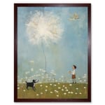 Chasing the Giant Dandelion Dream Artwork Giant Wish Oil Painting Kids Bedroom Child and Pet Dog in Daisy Field Art Print Framed Poster Wall Decor 12x